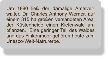 Um 1880 ließ der damalige Amtsver-walter, Dr. Charles Anthony Werner, auf einem 315 ha großen versandeten Areal der Küstenheide einen Kiefenwald an-pflanzen.  Eine geringer Teil des Waldes und das Finkenmoor gehören heute zum Unesco-Welt-Natrurerbe.